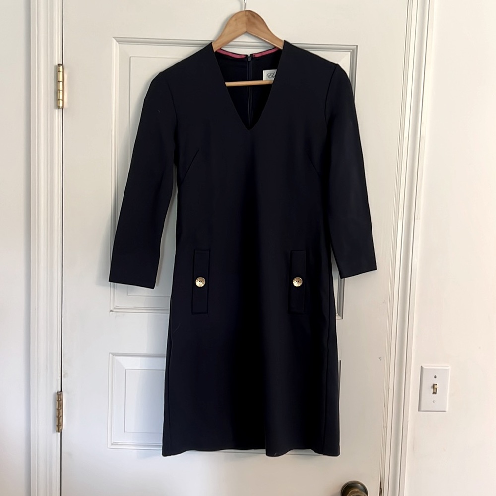 Eliza J Dress Women size 2 Navy with Gold Buttons.